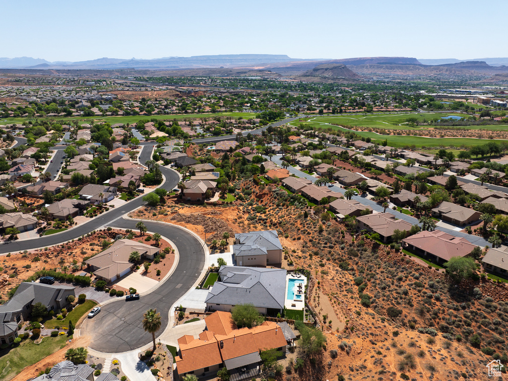 Aerial view featuring a mountain view and a residential view