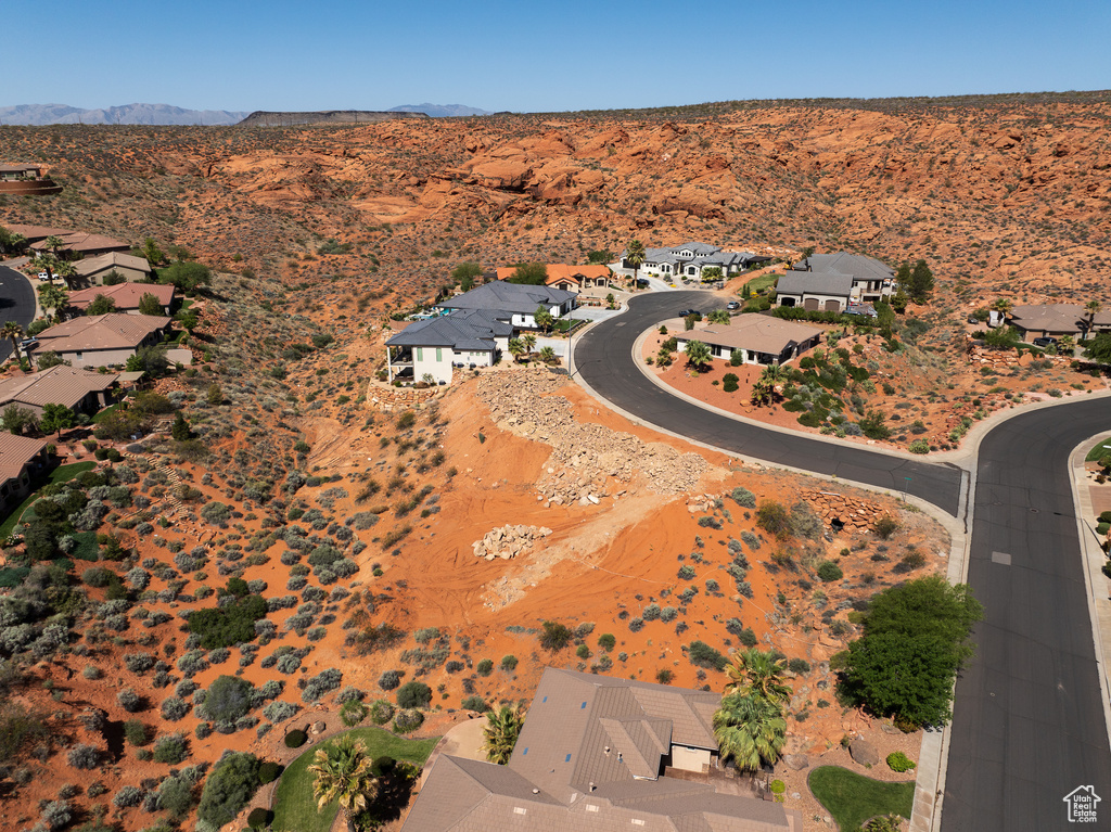 Bird\'s eye view featuring a desert view, a residential view, and a mountain view