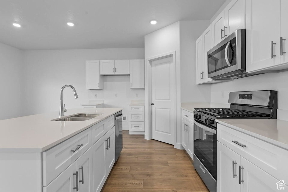 Kitchen featuring a sink, stainless steel appliances, wood finished floors, recessed lighting, and white cabinets