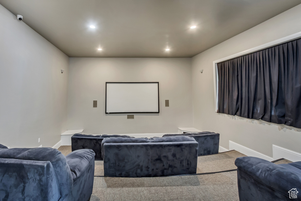 Home theater with carpet, baseboards, and recessed lighting
