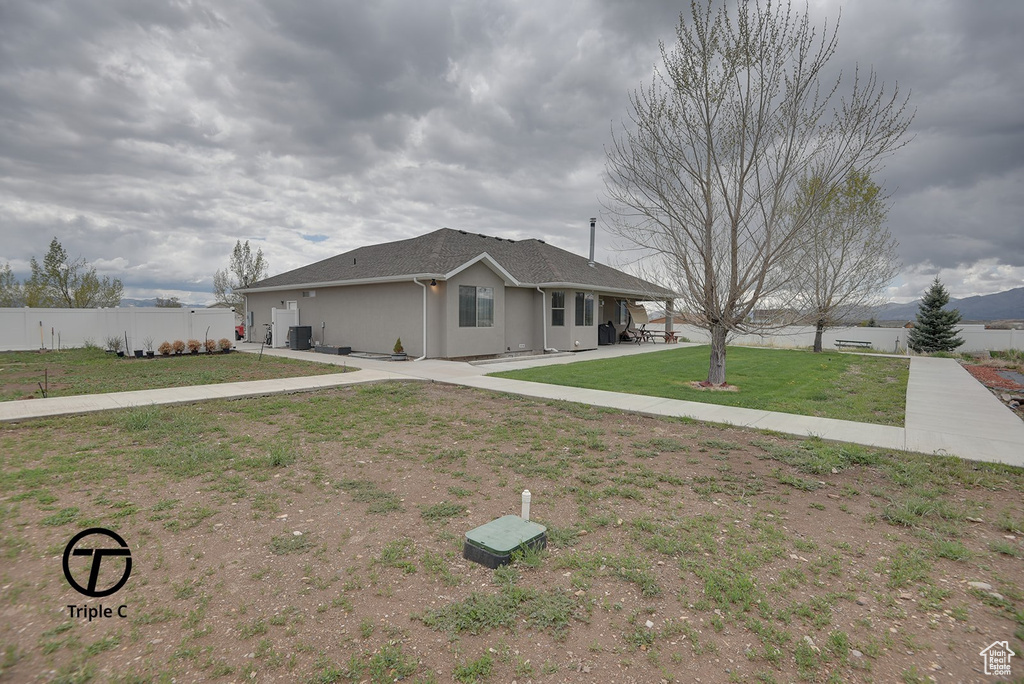 Ranch-style home with stucco siding and central air condition unit