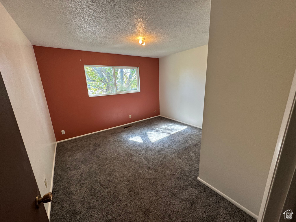 Carpeted spare room featuring a textured ceiling and baseboards