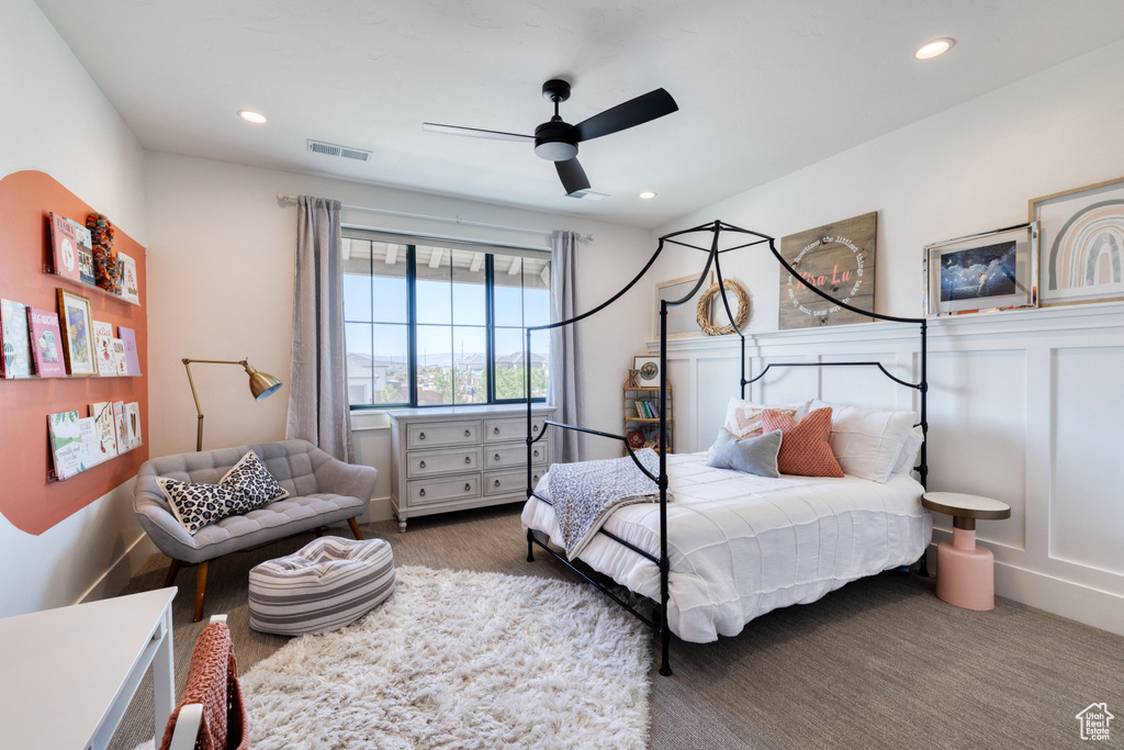 Bedroom featuring visible vents, recessed lighting, and ceiling fan