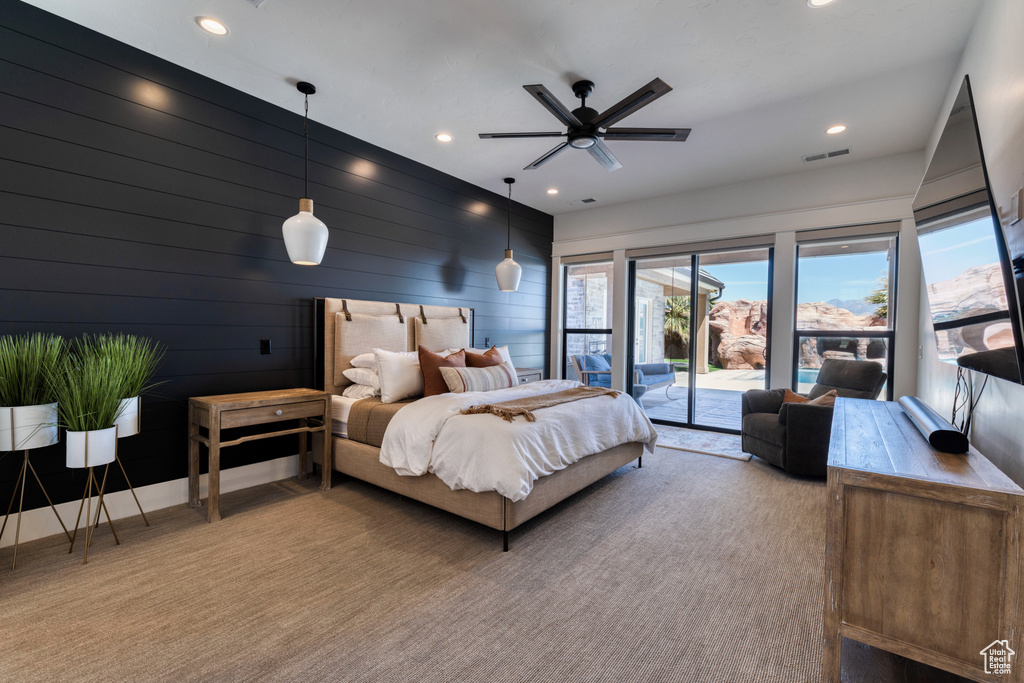 Bedroom featuring access to outside, a ceiling fan, visible vents, and recessed lighting