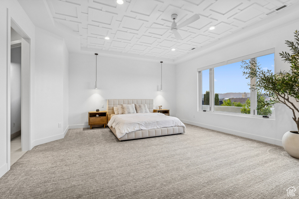 Bedroom with baseboards, recessed lighting, visible vents, and carpet