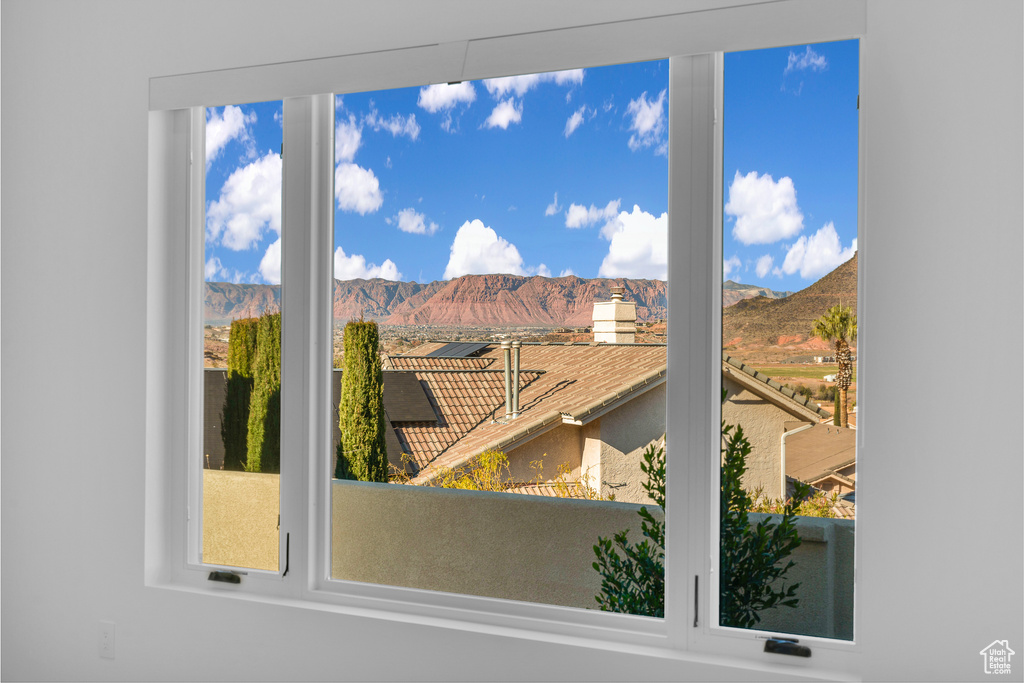 Interior space with a mountain view