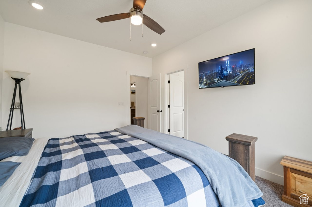 Bedroom featuring recessed lighting, baseboards, a ceiling fan, and carpet floors