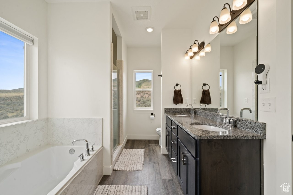 Bathroom featuring toilet, plenty of natural light, and a sink