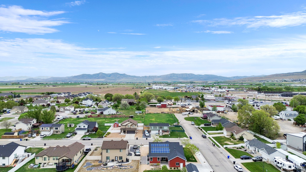 Aerial view of residential area with mountains