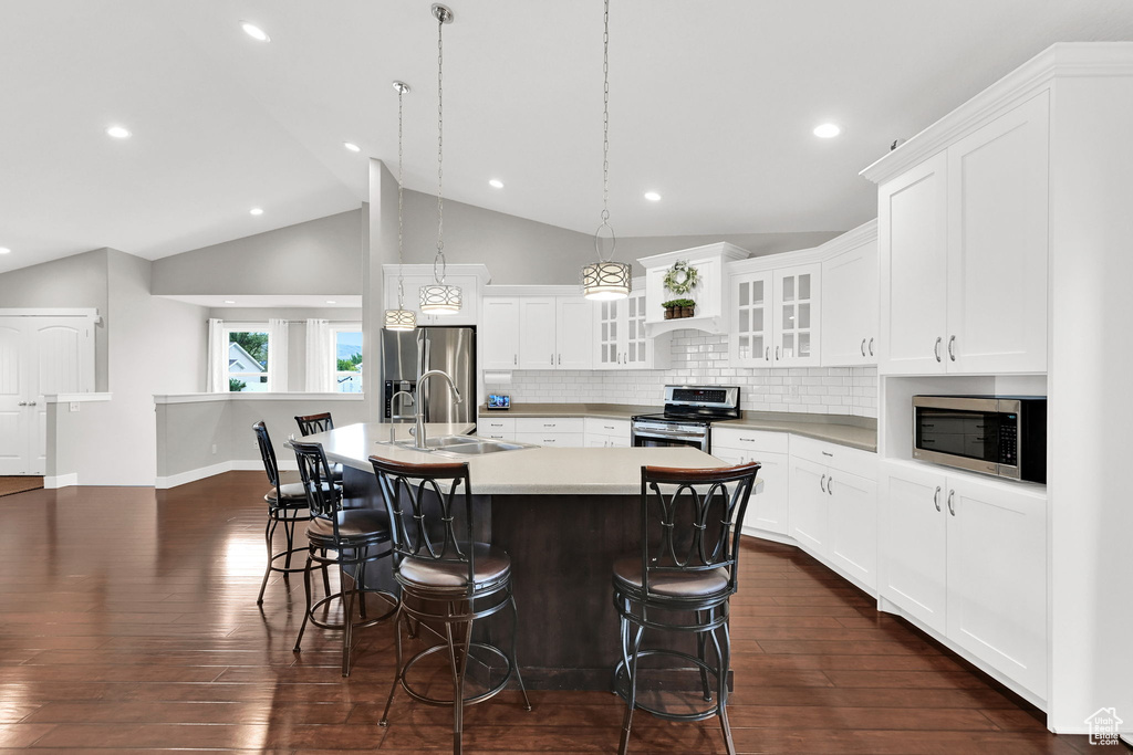 Kitchen with stainless steel appliances, dark wood finished floors, a sink, light countertops, and an island with sink