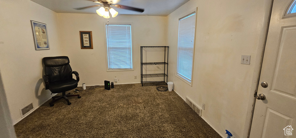Interior space featuring carpet, visible vents, baseboards, and a ceiling fan