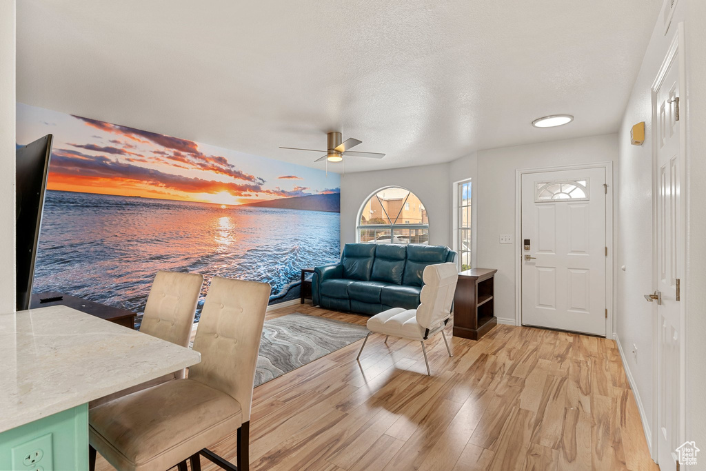 Living room featuring light wood-style floors, a ceiling fan, and baseboards