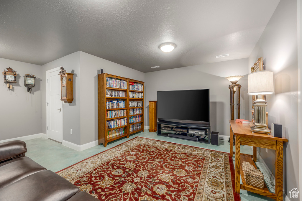 Living area with baseboards and a textured ceiling