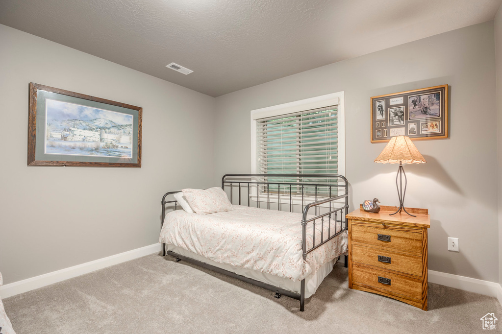 Bedroom featuring carpet flooring, visible vents, and baseboards