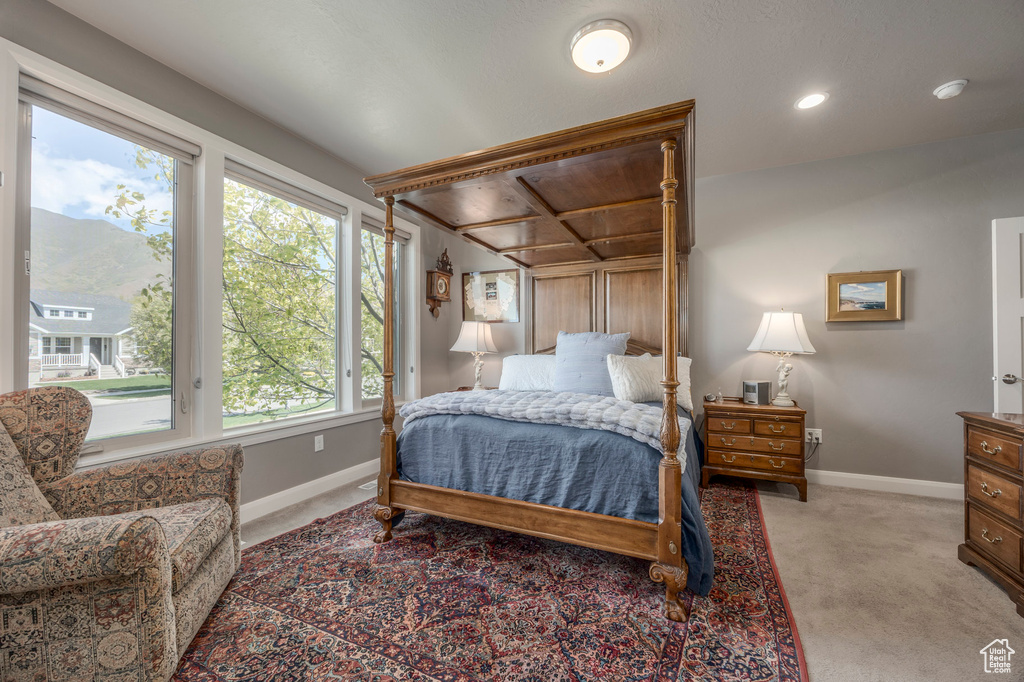 Bedroom featuring light carpet, baseboards, and a mountain view