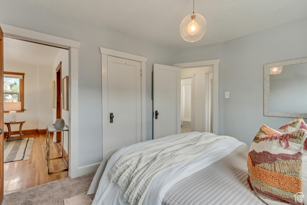 Bedroom with a closet, wood finished floors, and baseboards