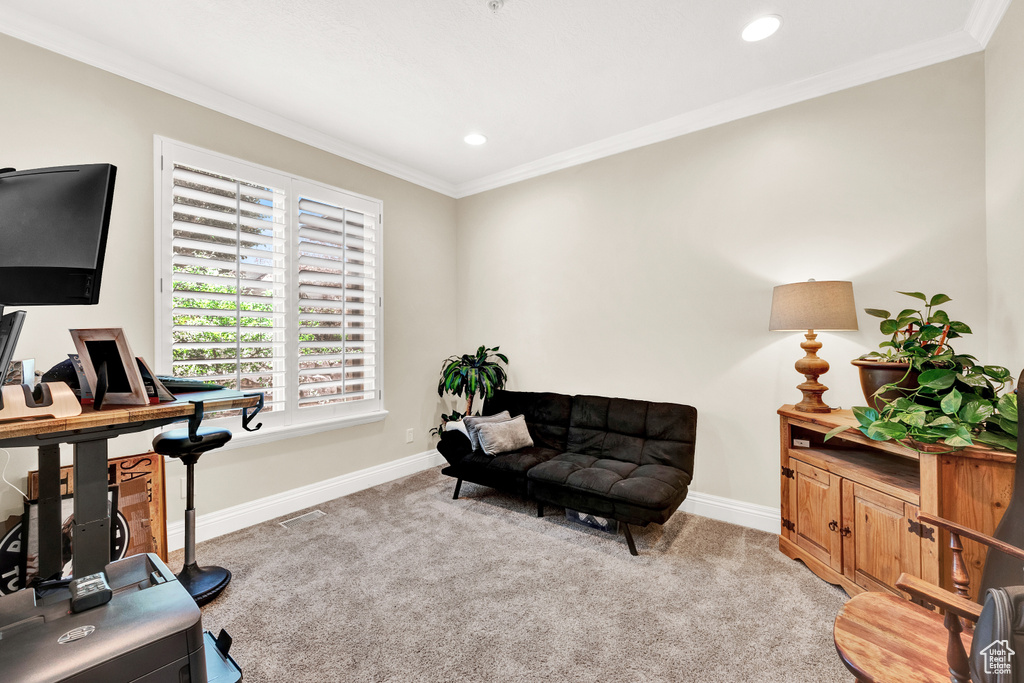 Interior space featuring ornamental molding, carpet, baseboards, and recessed lighting