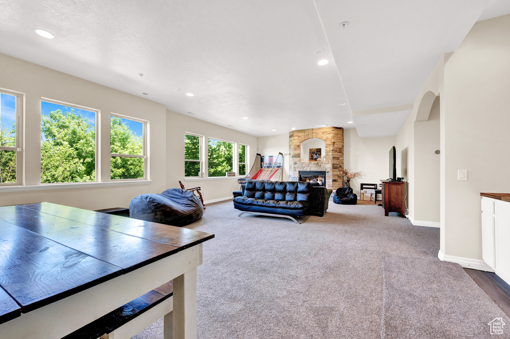 Living area featuring baseboards, a stone fireplace, carpet flooring, and recessed lighting