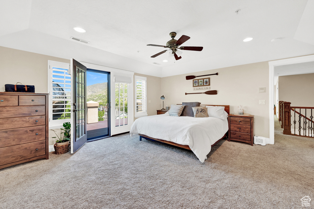 Carpeted bedroom featuring visible vents, access to outside, ceiling fan, and recessed lighting