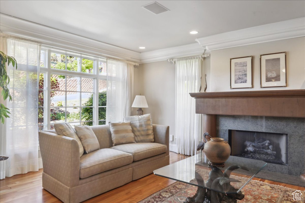 Living area with wood finished floors, a fireplace, ornamental molding, and recessed lighting