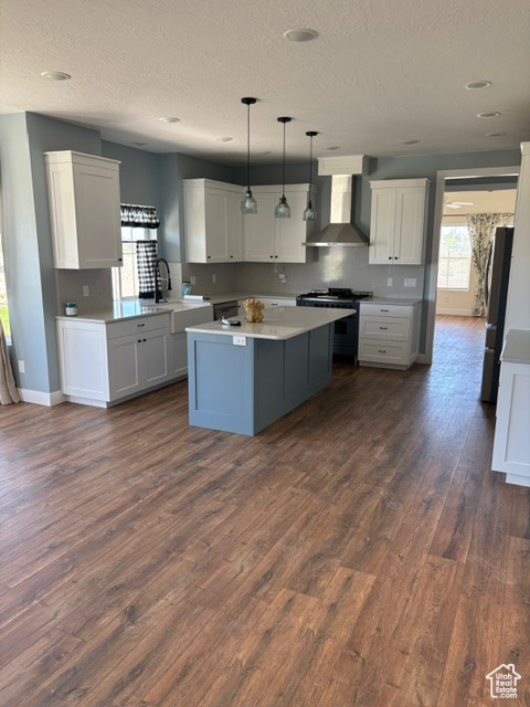 Kitchen featuring wall chimney exhaust hood, stainless steel appliances, healthy amount of natural light, dark wood finished floors, and a textured ceiling