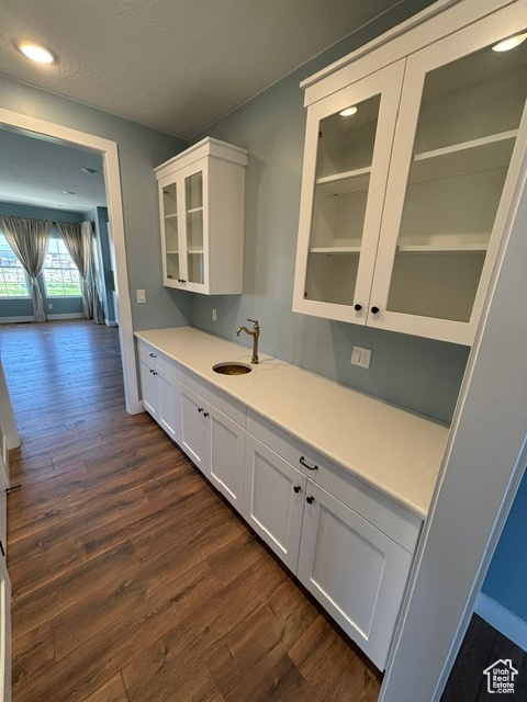 Kitchen featuring a sink, dark wood-style flooring, glass insert cabinets, white cabinetry, and recessed lighting