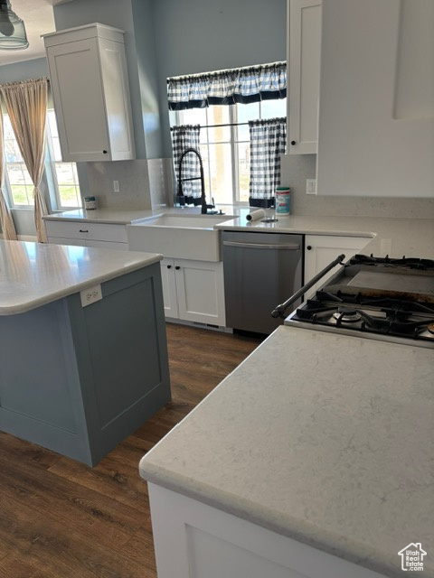 Kitchen featuring stainless steel dishwasher, dark wood-style flooring, a sink, and white cabinets