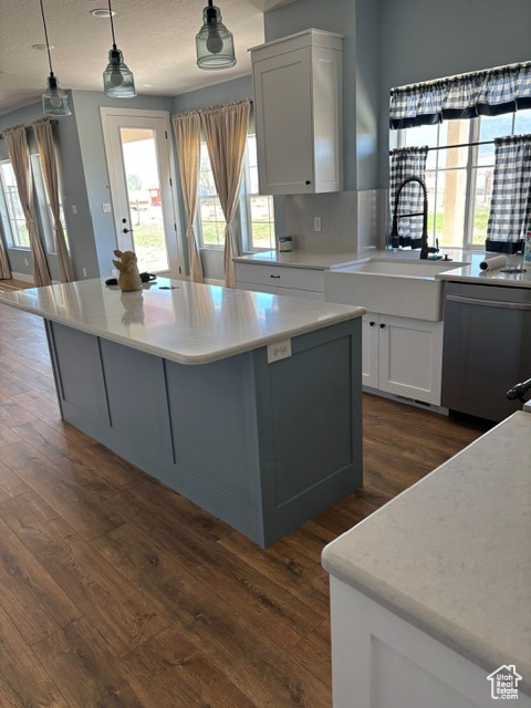 Kitchen featuring a sink, dark wood finished floors, a center island, and stainless steel dishwasher