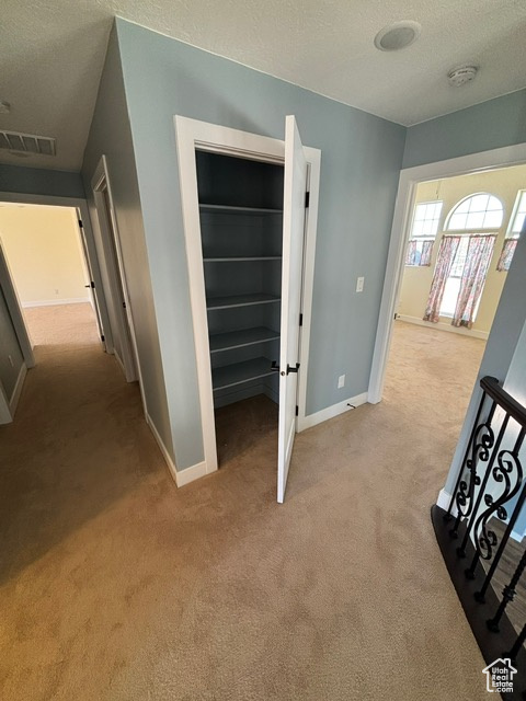 Hall featuring light carpet, baseboards, and a textured ceiling
