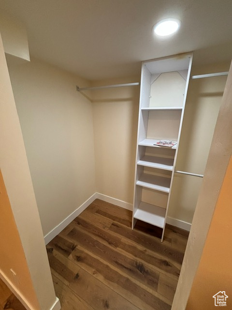 Spacious closet with dark wood-style floors