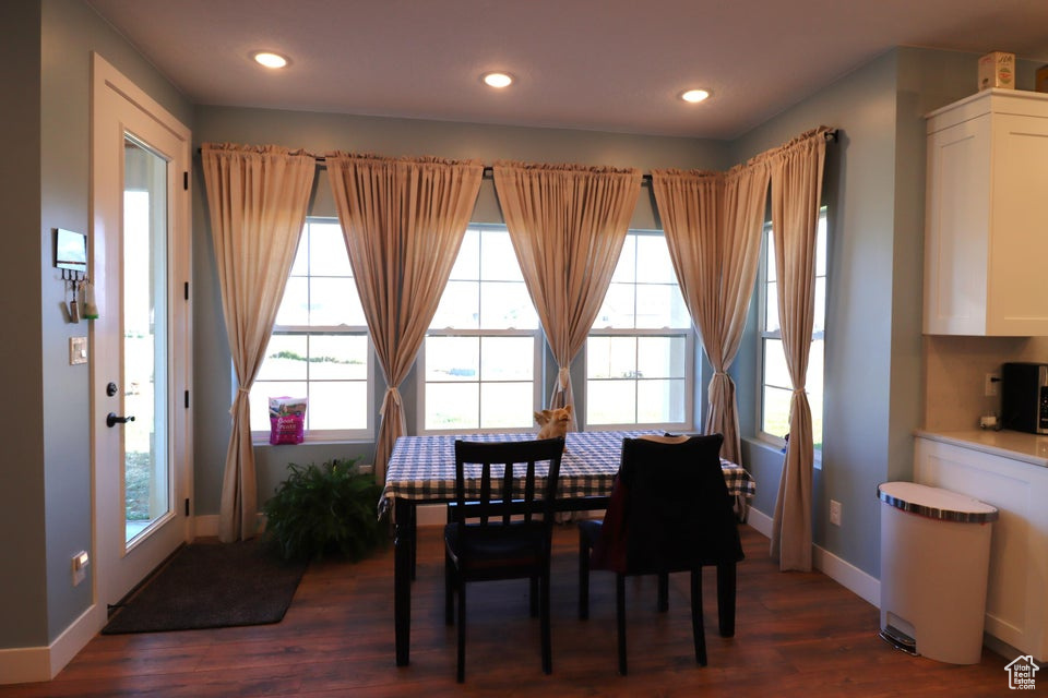 Dining space with baseboards, dark wood-style flooring, and a healthy amount of sunlight