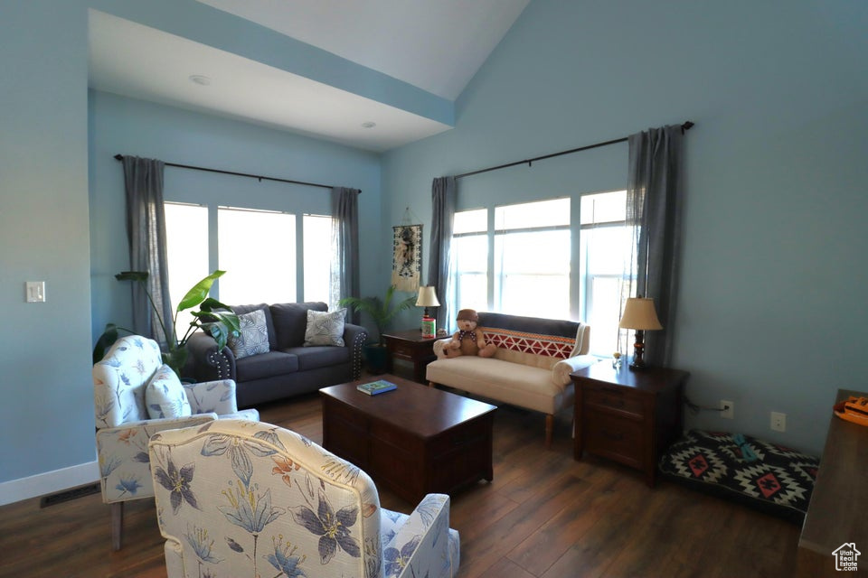 Living area featuring high vaulted ceiling and wood finished floors