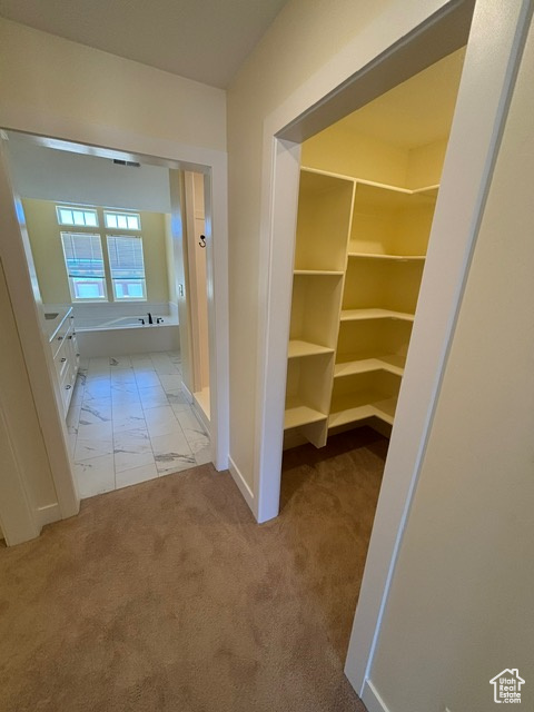 Hallway with carpet floors and baseboards