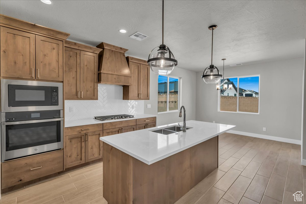 Kitchen featuring wood tiled floor, visible vents, a sink, premium range hood, and appliances with stainless steel finishes