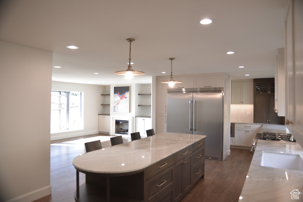 Kitchen featuring dark wood finished floors, stainless steel appliances, light stone counters, and recessed lighting