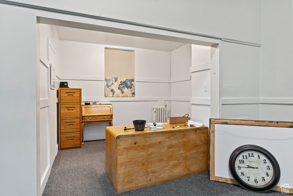Carpeted office featuring radiator heating unit
