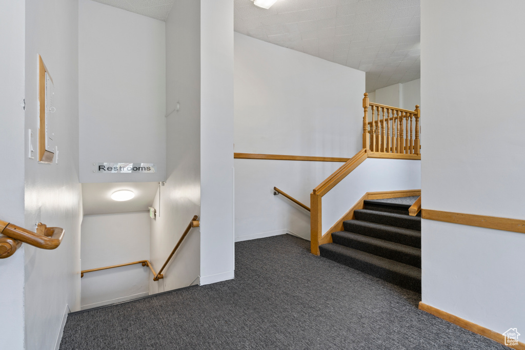 Stairs with baseboards, water heater, and carpet flooring