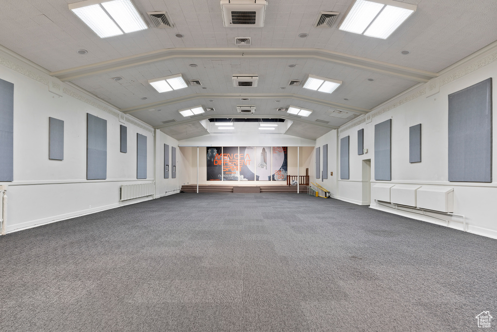 Miscellaneous room featuring visible vents, radiator, carpet flooring, and vaulted ceiling