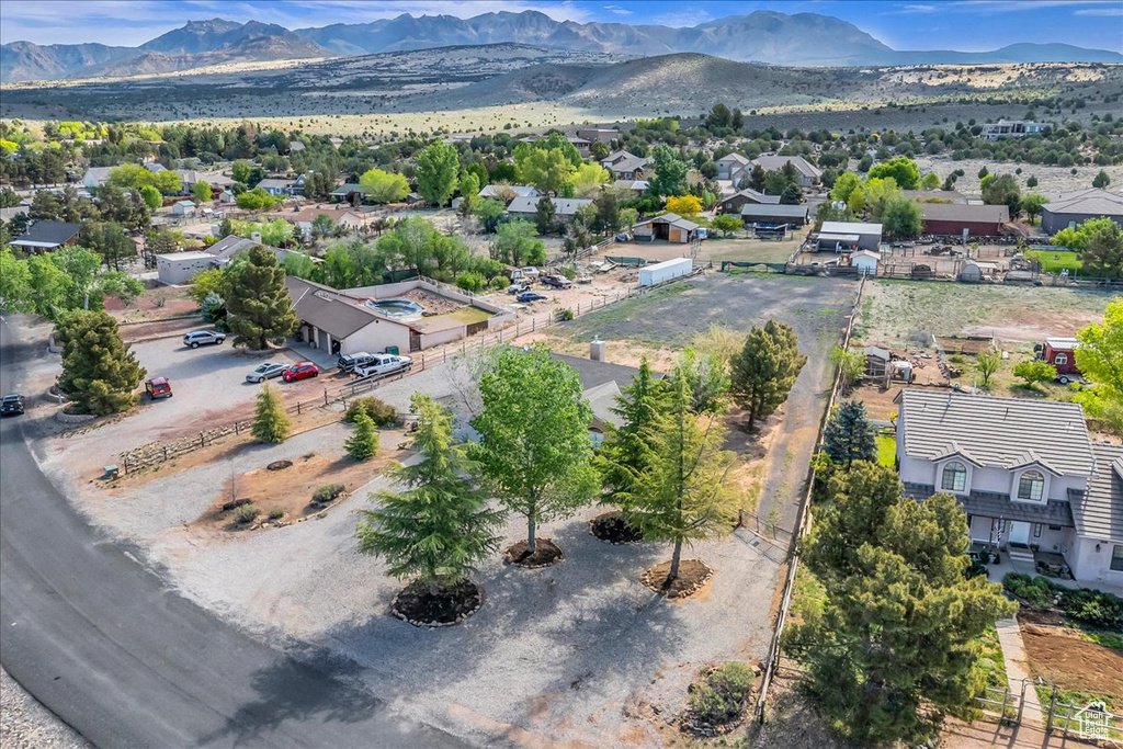 Aerial view featuring a mountain view and a residential view