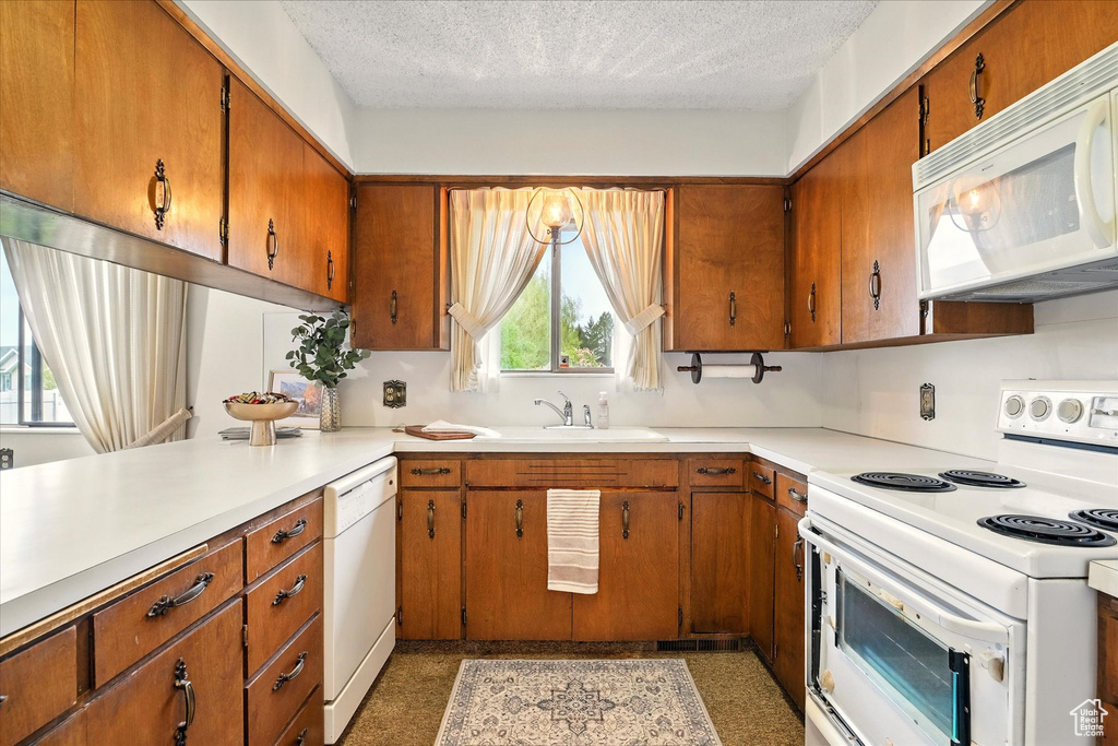 Kitchen with light countertops, brown cabinetry, a sink, and white appliances