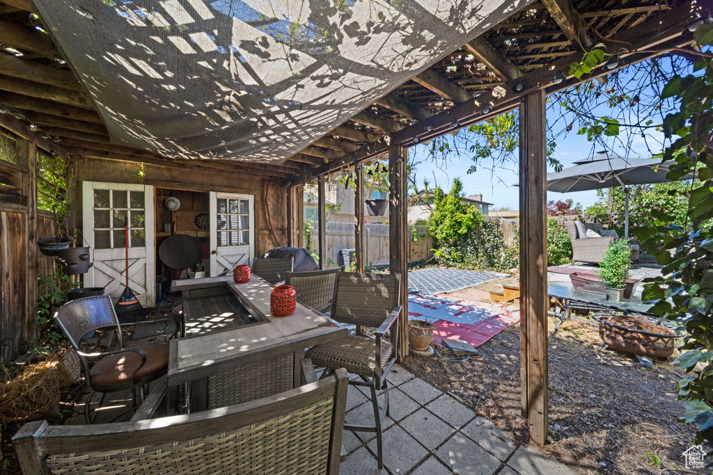 View of patio / terrace with a fenced backyard and a pergola