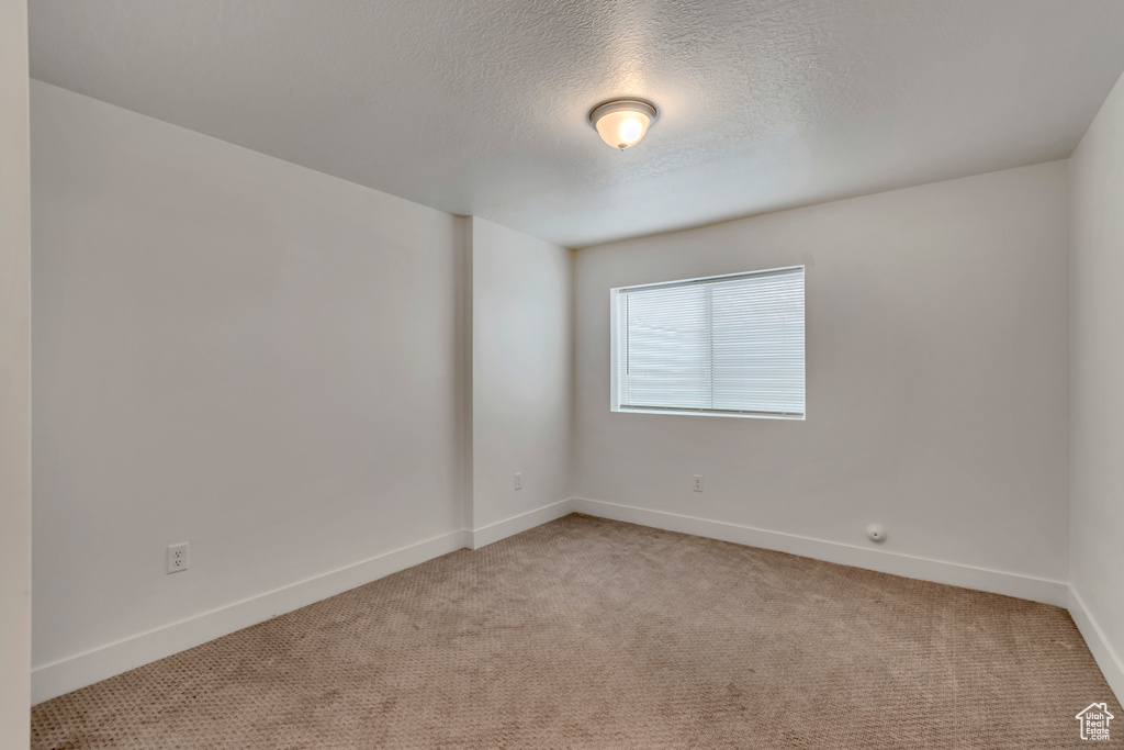 Empty room featuring light colored carpet, a textured ceiling, and baseboards