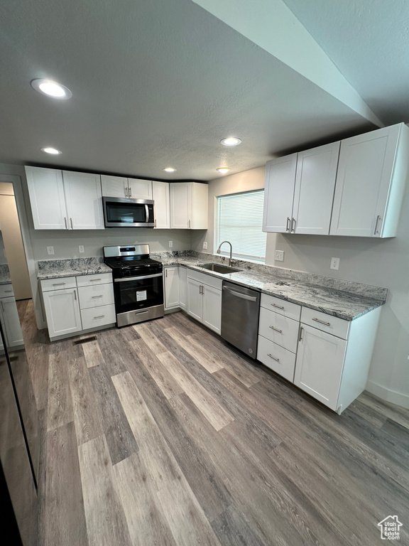 Kitchen with recessed lighting, appliances with stainless steel finishes, light wood-style flooring, and a sink