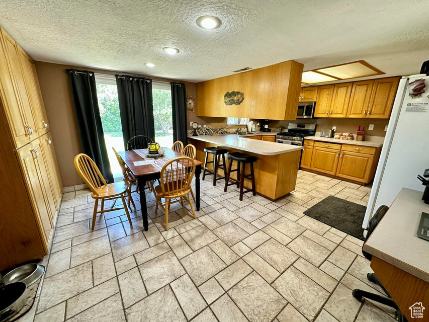 Kitchen with a peninsula, stainless steel appliances, a textured ceiling, a kitchen bar, and light countertops
