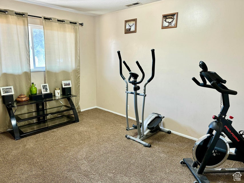Exercise area with baseboards, visible vents, and carpet