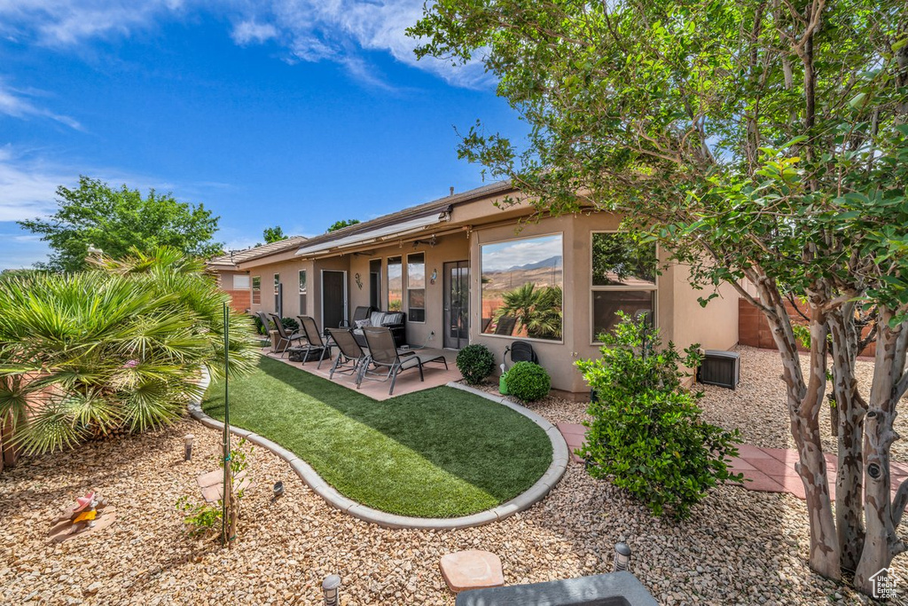 Rear view of house with a yard, stucco siding, and a patio