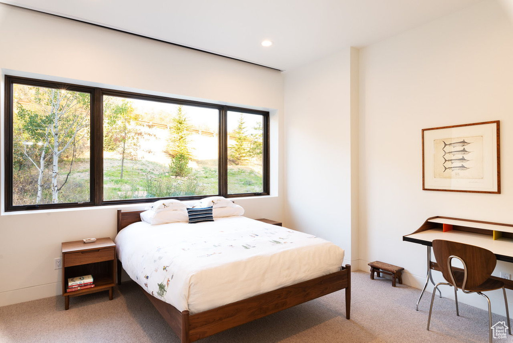 Bedroom featuring multiple windows, recessed lighting, and light colored carpet