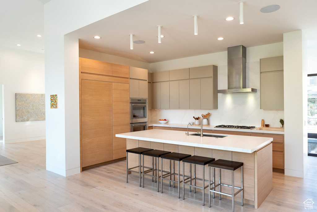 Kitchen featuring wall chimney range hood, modern cabinets, appliances with stainless steel finishes, and a sink