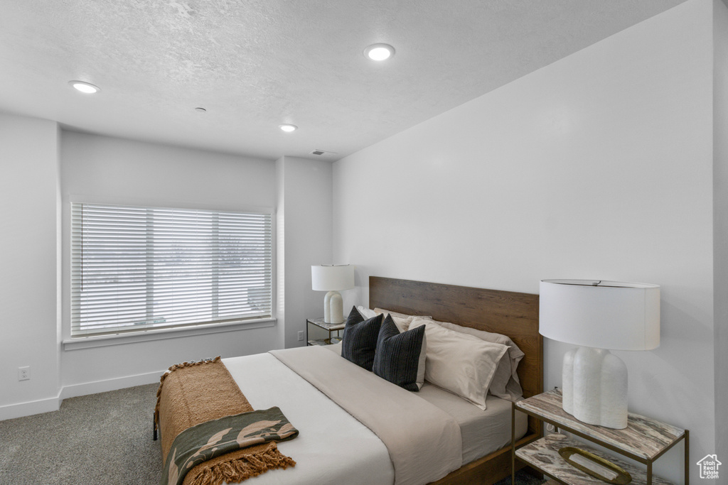 Bedroom featuring carpet flooring, a textured ceiling, baseboards, and recessed lighting