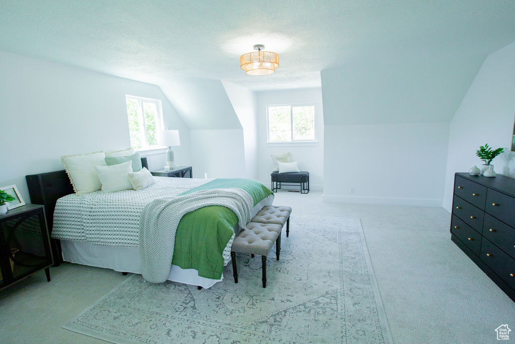 Bedroom with multiple windows, carpet flooring, and vaulted ceiling